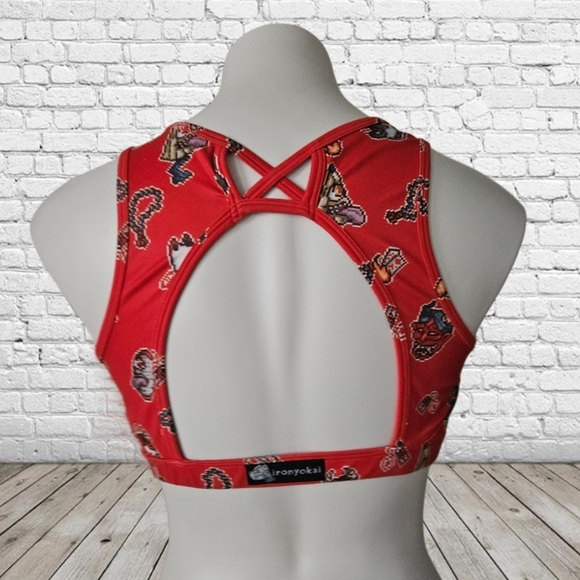 IronYokai Pixel Yokai Print Red Sports Bra - Picture 2 of 4